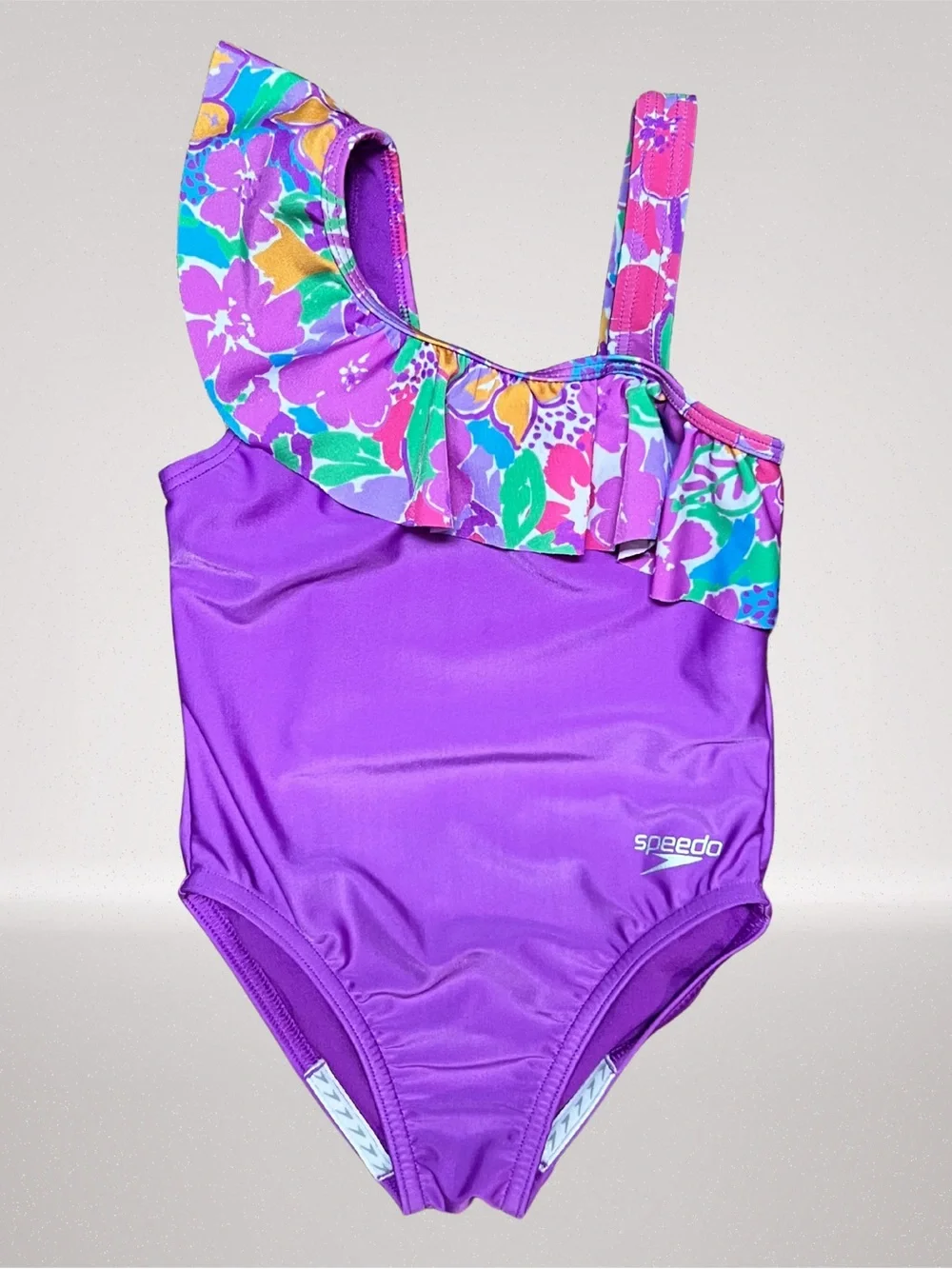 Speedo Girls Purple Floral Ruffle One Piece Swimsuit Size XS